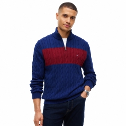 타미힐피거 맨 스트라이프 꽈배기 쿼터집업 스웨터 XM07937-400 Preppy Navy