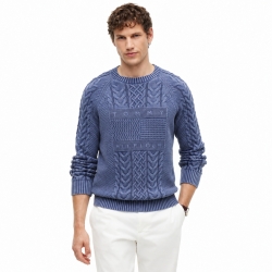타미힐피거 맨 인디고 플래그 로고 꽈배기니트 스웨터 XM07586-400 Faded Indigo