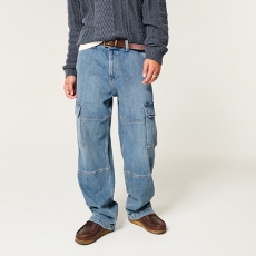 Hollister Medium Wash Baggy Cargo Jeans 331-613-00171-278