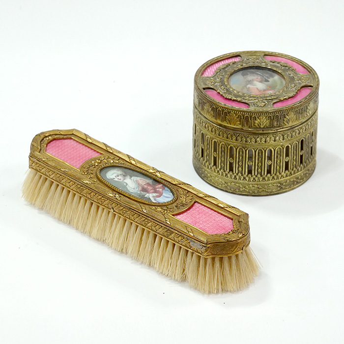 프랑스 앤틱 브론즈 핑크 에나멜 길로쉐 보석함,브러쉬