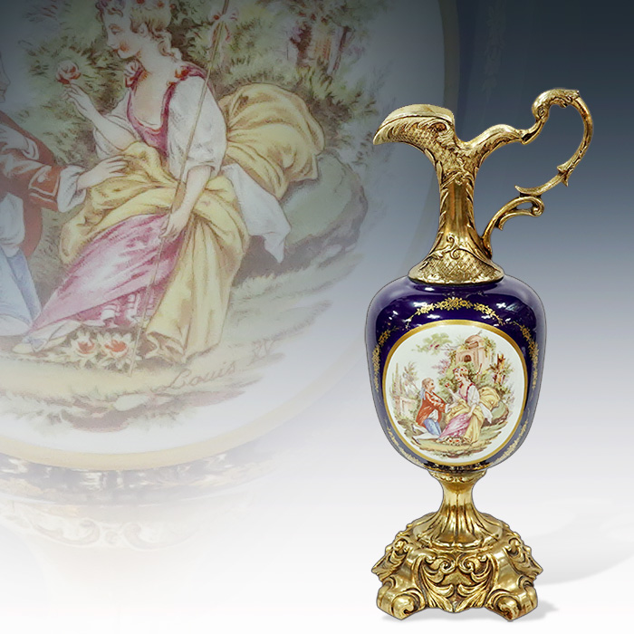 이태리 코발트 명화 도자기 금동조각 대형화병(49cm)