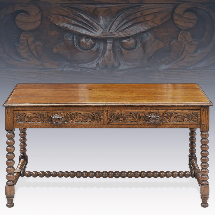 영국산 앤틱 오크 그린맨 조각 보빈 책상