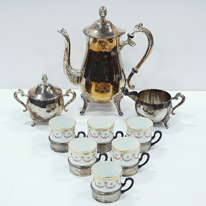 엔틱 은도금 티팟,슈가볼,크리머,실버도자기찻잔세트