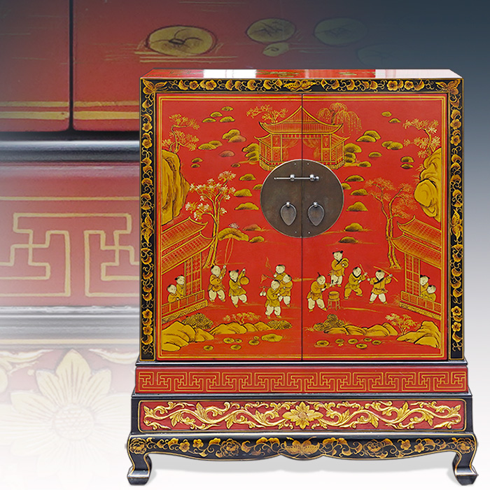 아시안데코 원목 페인팅 동자승 수납장