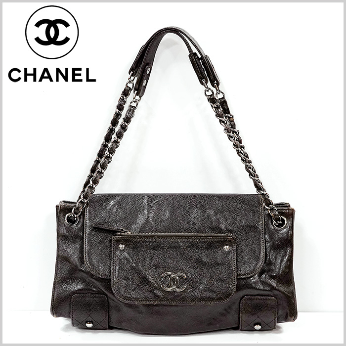 샤넬 캐비어 가죽 시티 포켓 브라운 숄더백