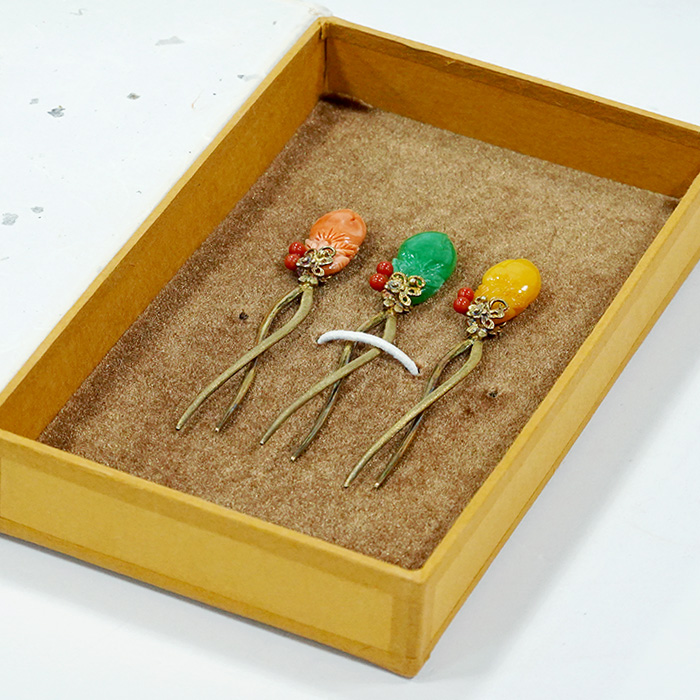 산호,비취,호박 은925 삼작 뒤꽃이세트