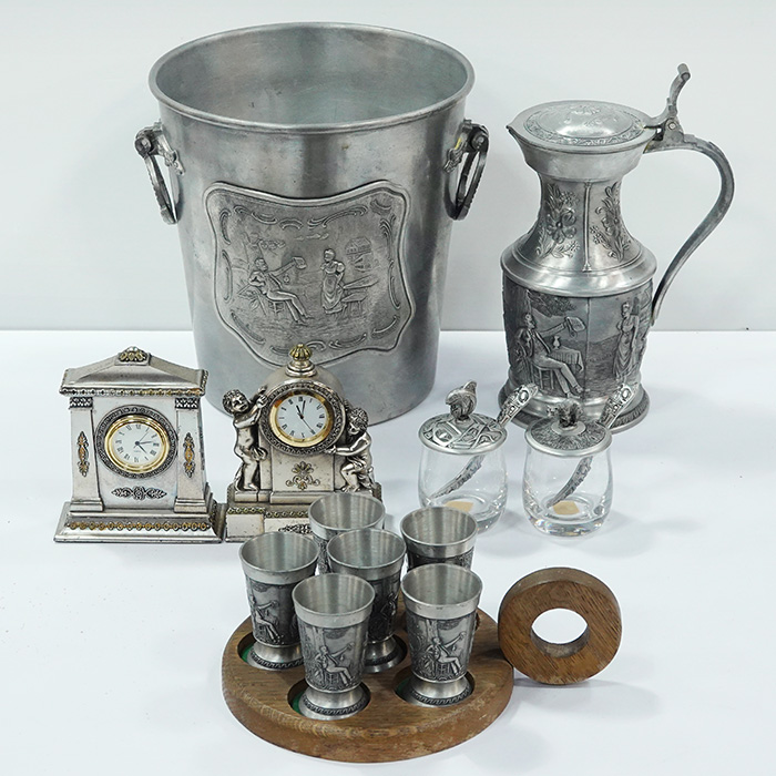 독일 프리엘링 진 주석 얼음통,주전자,컵+캐나다주석+이태리은도금시계(장식용)