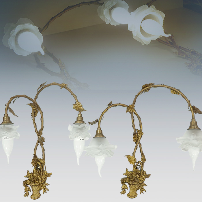 프랑스 앤틱 금장브론즈 바스켓 조각 2구벽등세트