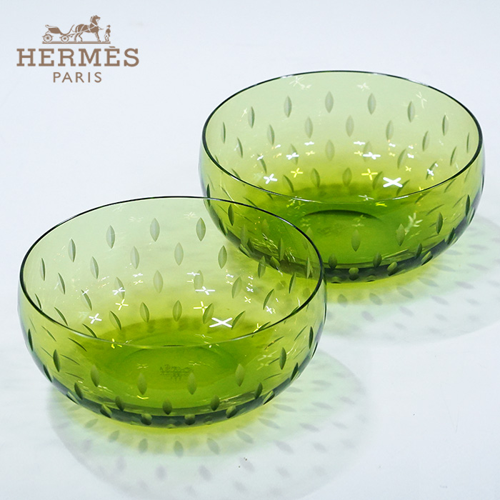 에르메스 크리스탈 그린 팡파르 디저트볼세트