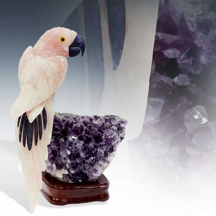 브라질 자수정+로즈쿼츠 앵무새 조각품
