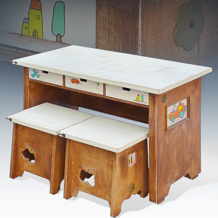 정균작가 빈티지 원목 페인팅 책상,스툴세트