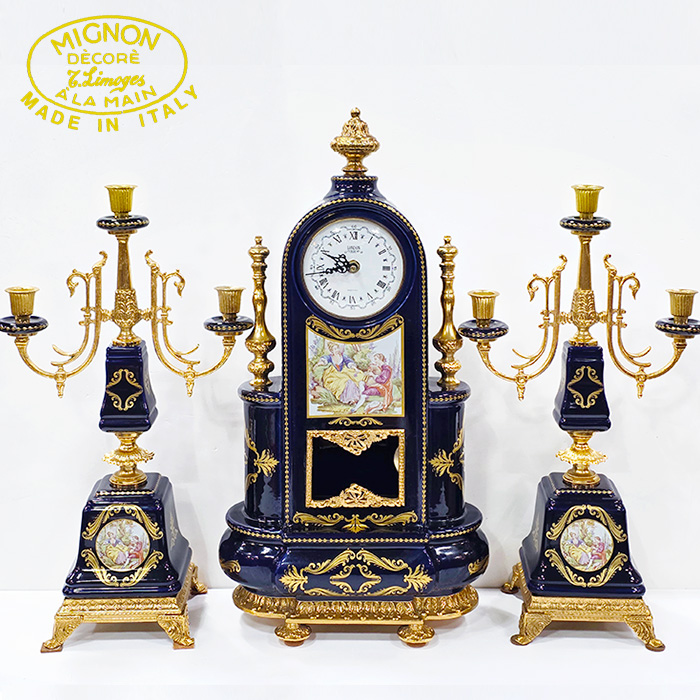 이태리 MIGNON 미뇽 금장명화도자기 시계 촛대세트