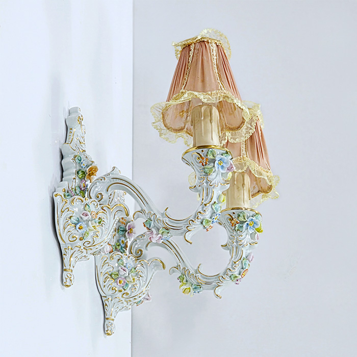 독일산 엔틱 포슬린 금장 플라워 벽등세트