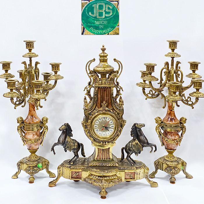 포르투칼 금동조각 도자기 전자식시계+촛대세트