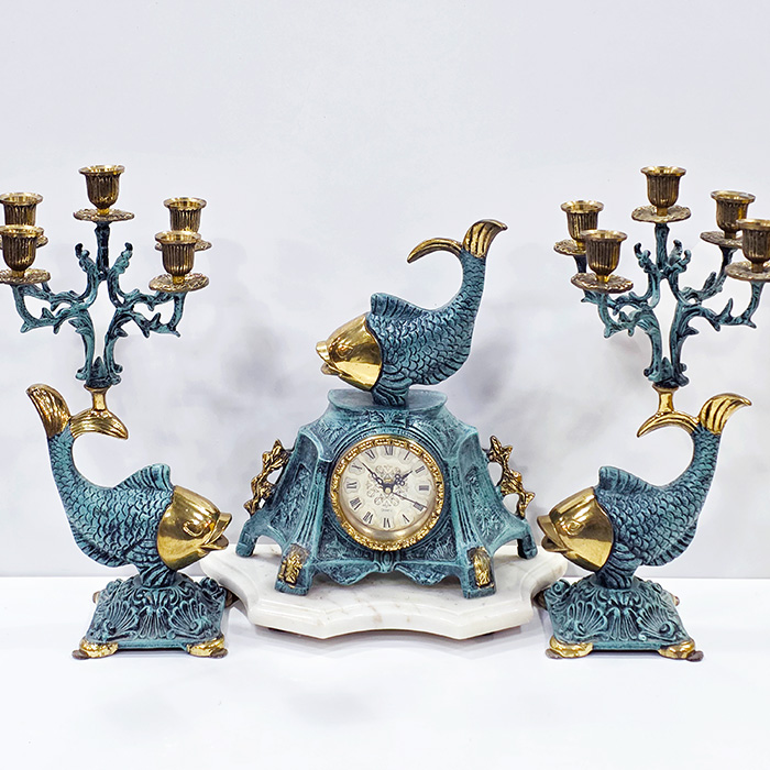 피쉬조각 청동 대리석 전자식시계+촛대세트