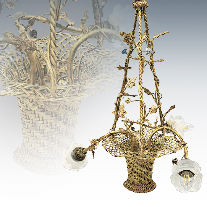 프랑스 앤틱 금장브라스 포슬린 바스켓 샹들리에3구