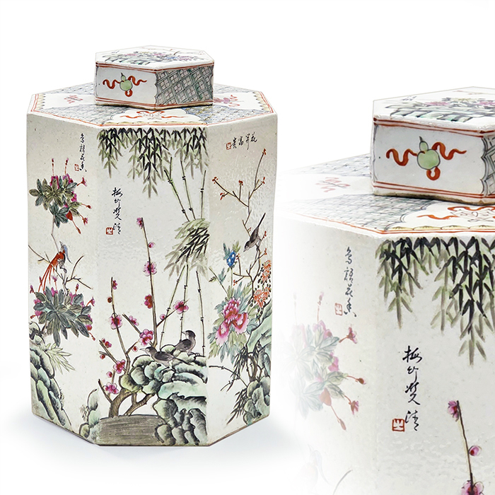 중국산 핸드페인트 육각형 뚜껑있는 티캐디(차통)