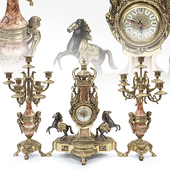 포르투칼 금장브라스 도자기 전자식시계+촛대세트