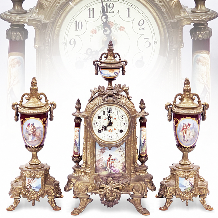 이태리 론치니 명화도자기 금동 기계식시계,장식세트