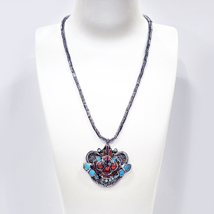 실버조각 산호 터키석 목걸이