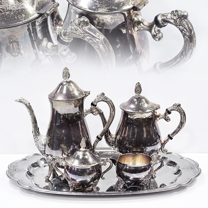 은도금 티팟2,슈가볼,크리머+WMF 쟁반세트