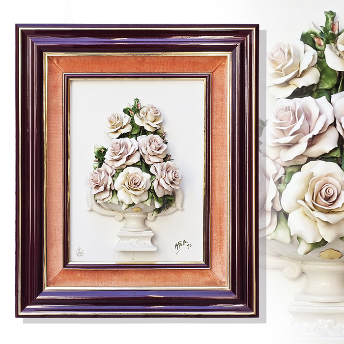 이태리 카포디몬테 꽃도자기 부조물 액자(사인)