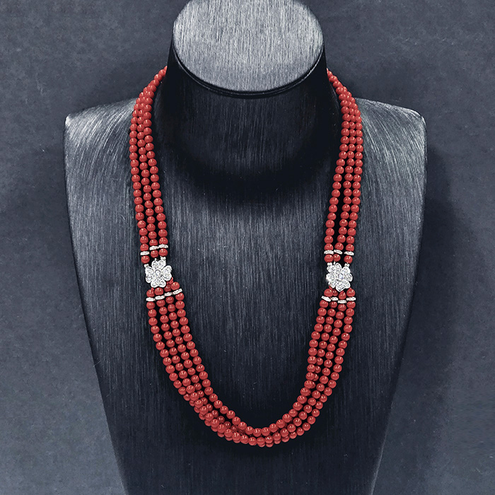 14K화이트골드 산호 다이아 목걸이