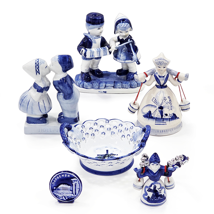 블루 페인팅 도자기 피겨린,종,바구니세트