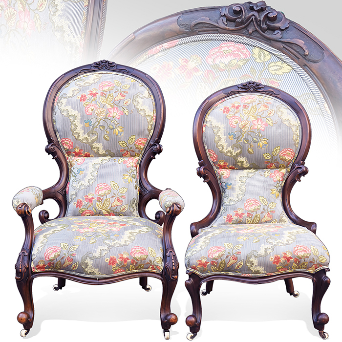 프랑스 앤틱 호도나무 커플 윙체어세트(트롤리)