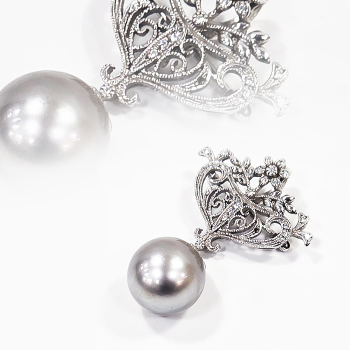 최고급 14K화이트골드 진주 다이아 브로치