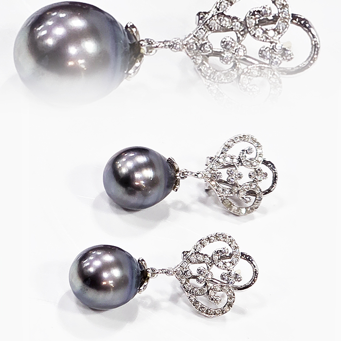 14K화이트골드 흑진주 다이아 귀걸이세트