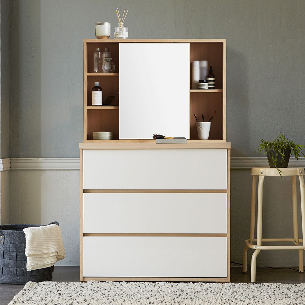 글로시 830 3단 서랍장+슬라이딩 수납거울 화장대