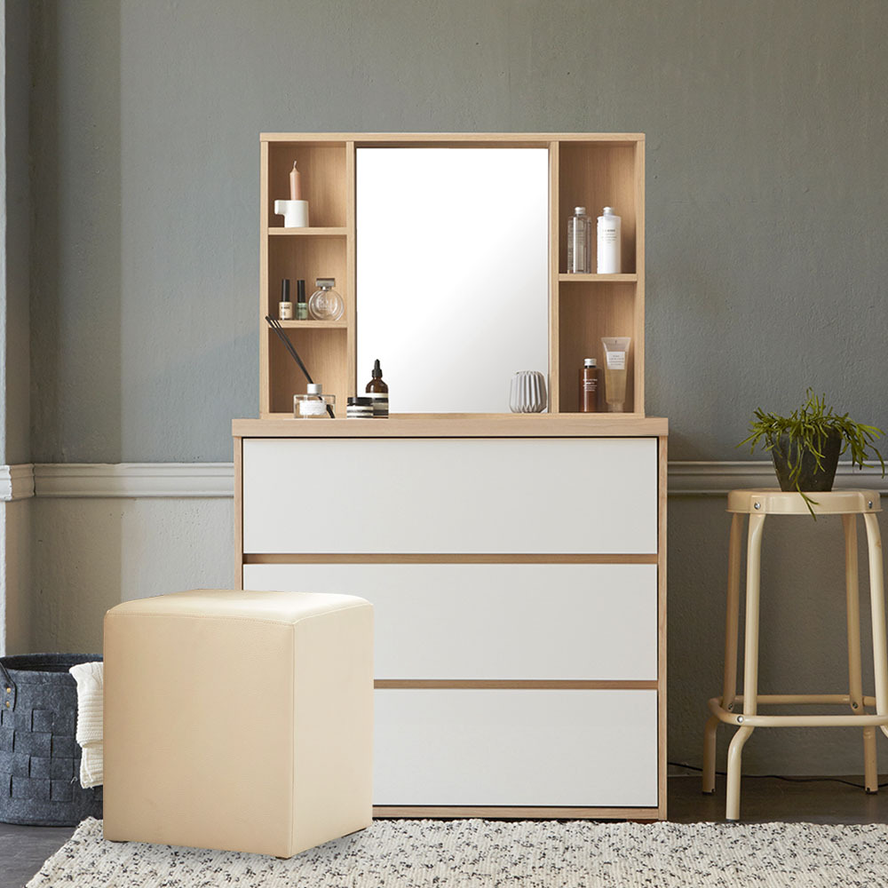 글로시 830 3단 서랍장+수납거울+스툴 화장대 세트