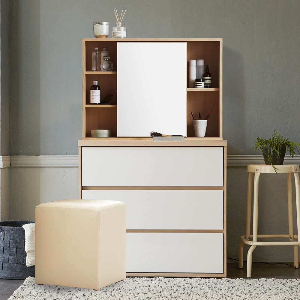 글로시 830 3단 서랍장+슬라이딩거울+스툴 화장대세트