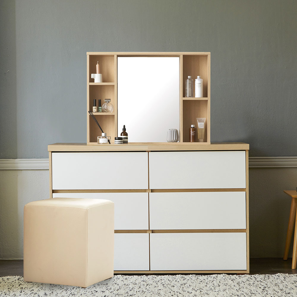 글로시 1200 3단 서랍장+수납거울+스툴 화장대 세트