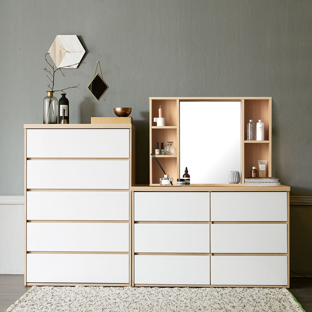 글로시 서랍장 830 5단+1200 3단+수납거울 화장대