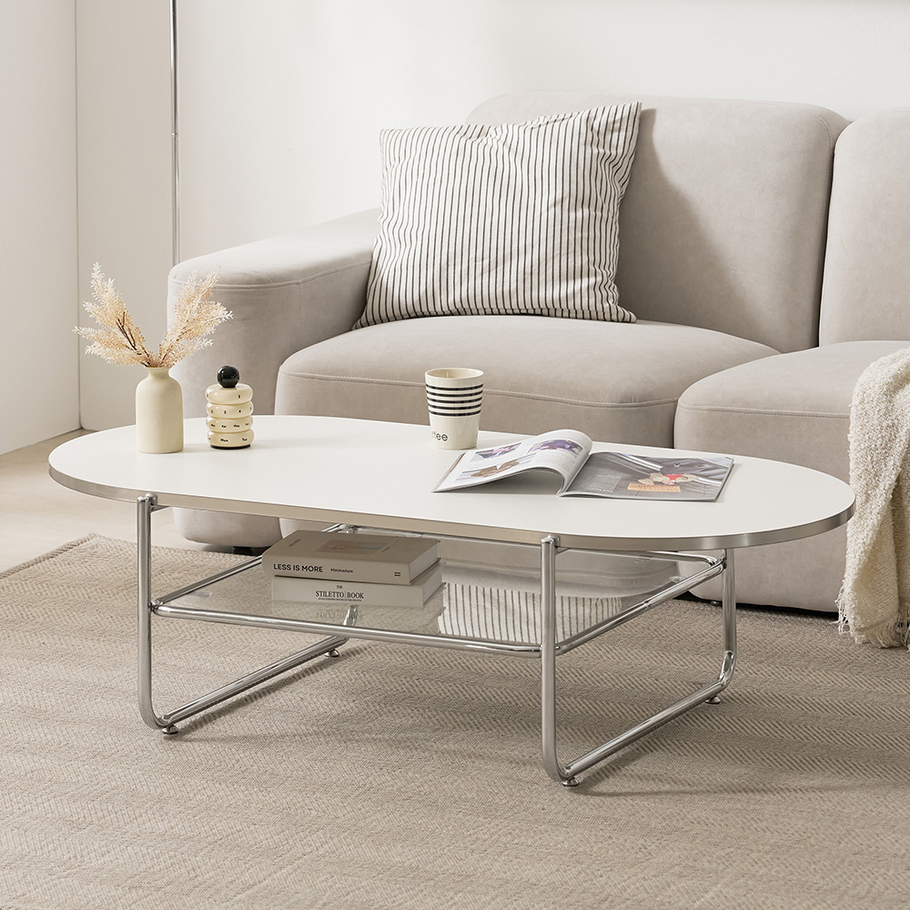 누벨 1200 타원 스틸 2단 미드센추리 소파 테이블